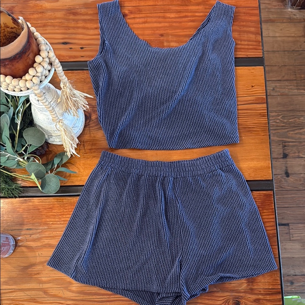 Blue Sleeveless Ribbed top with matching shorts